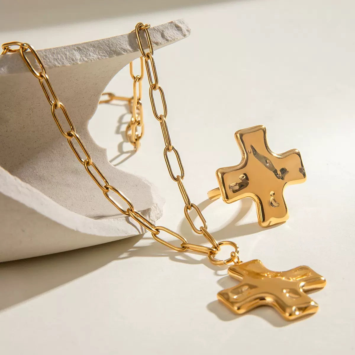 Hammered Cross Pendant Paperclip Chain Necklace