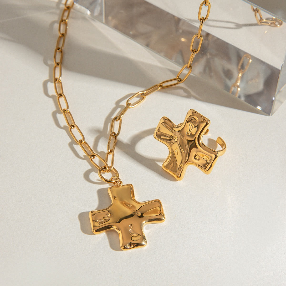 Hammered Cross Pendant Paperclip Chain Necklace