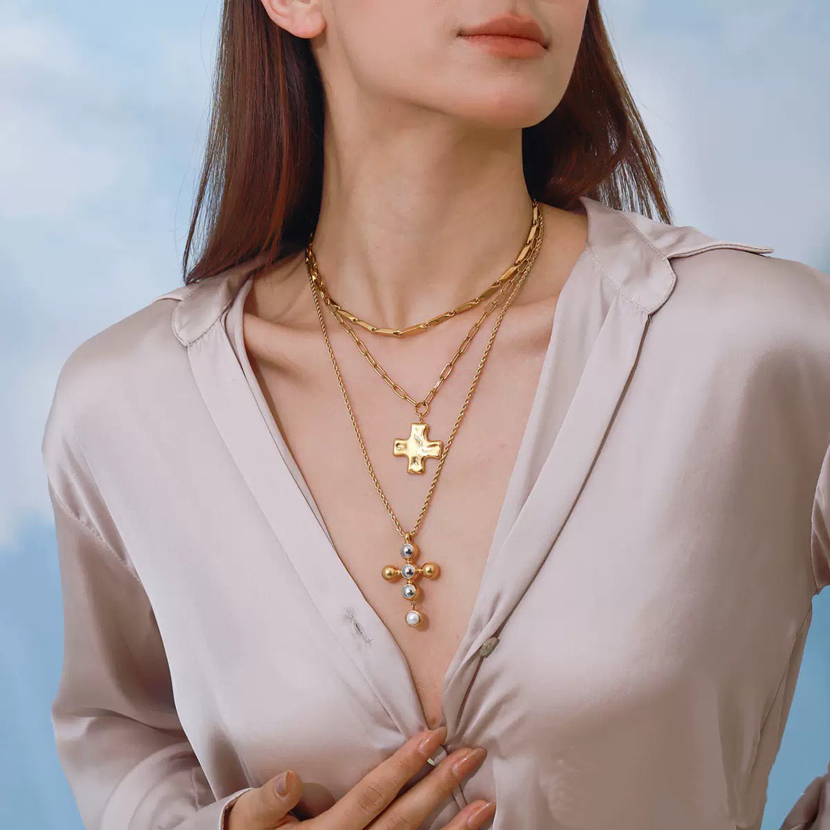 Hammered Cross Pendant Paperclip Chain Necklace