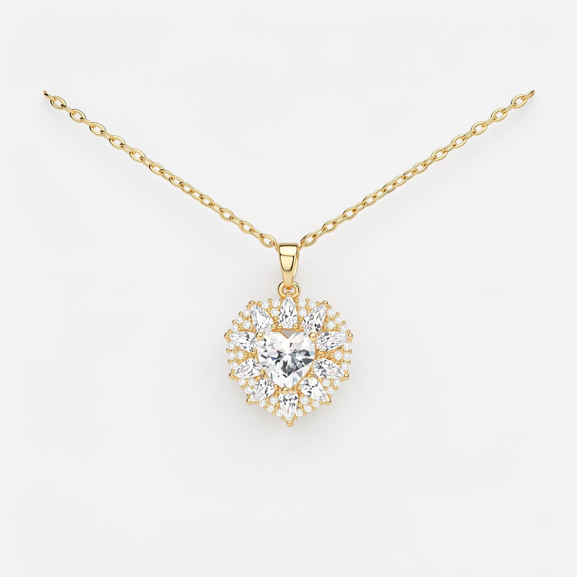 14K Gold Heart Halo Pendant Necklace-Gift for Her