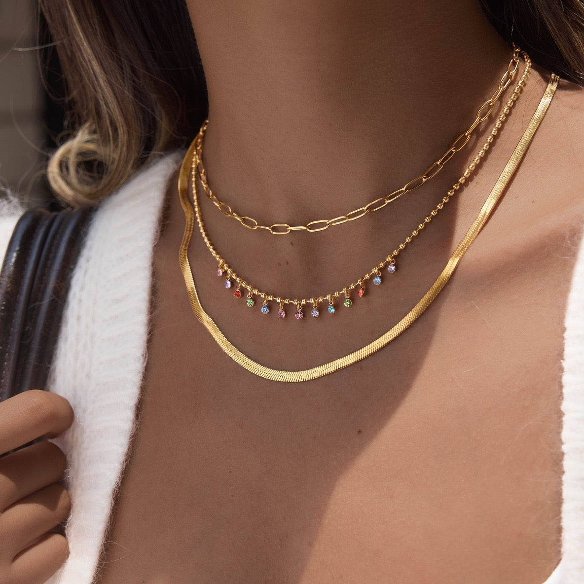 Rainbow Crystal Beaded Necklace in 14K Gold