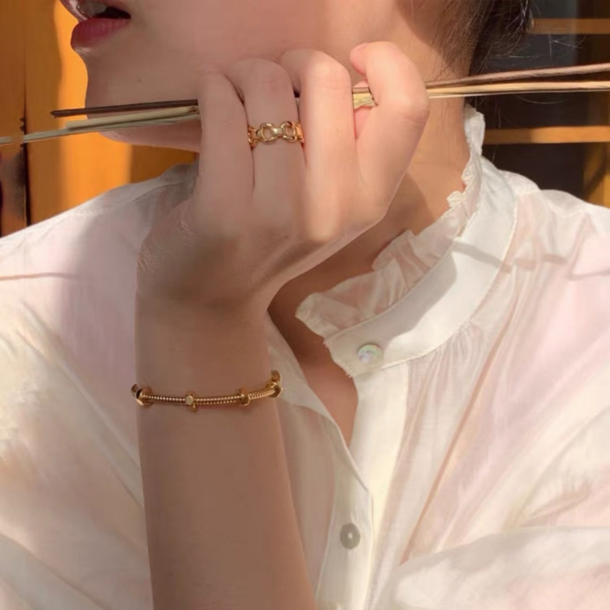 14K Gold Screw Texture Open Cuff Bracelet