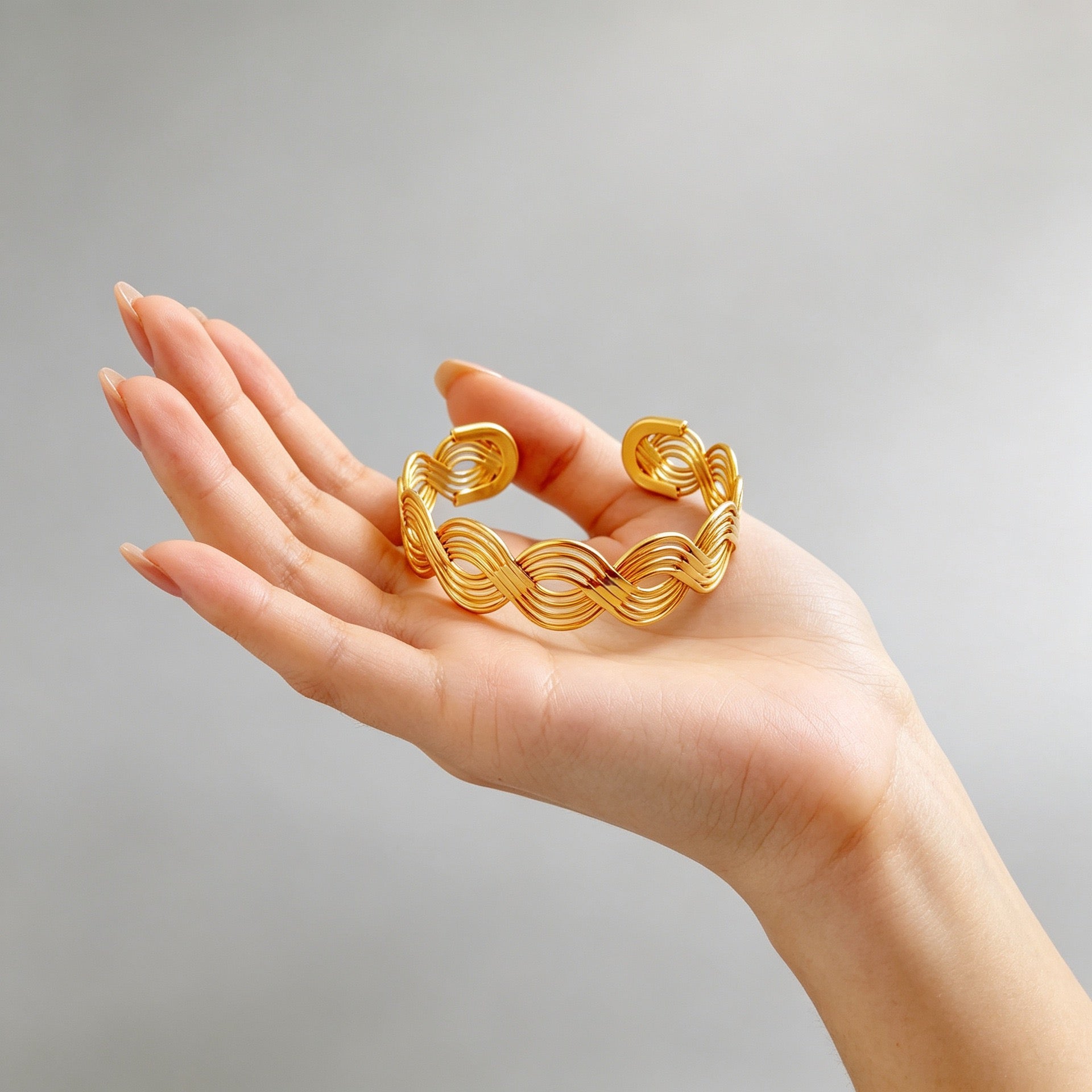 14K Gold Wave Cuff Bracelet — Sculptural Open Bangle Bracelet