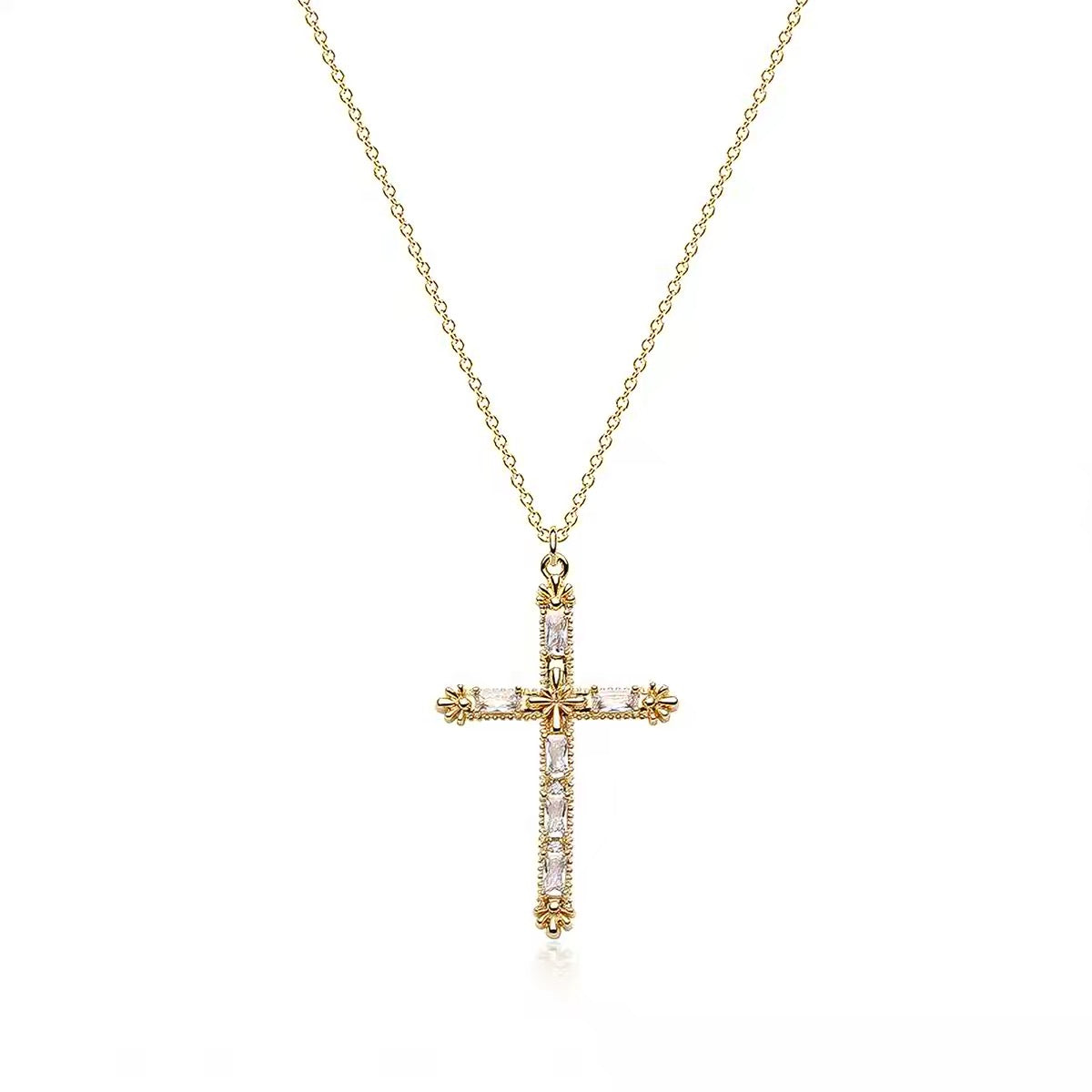 14K Gold Floral Cross Pendant Necklace
