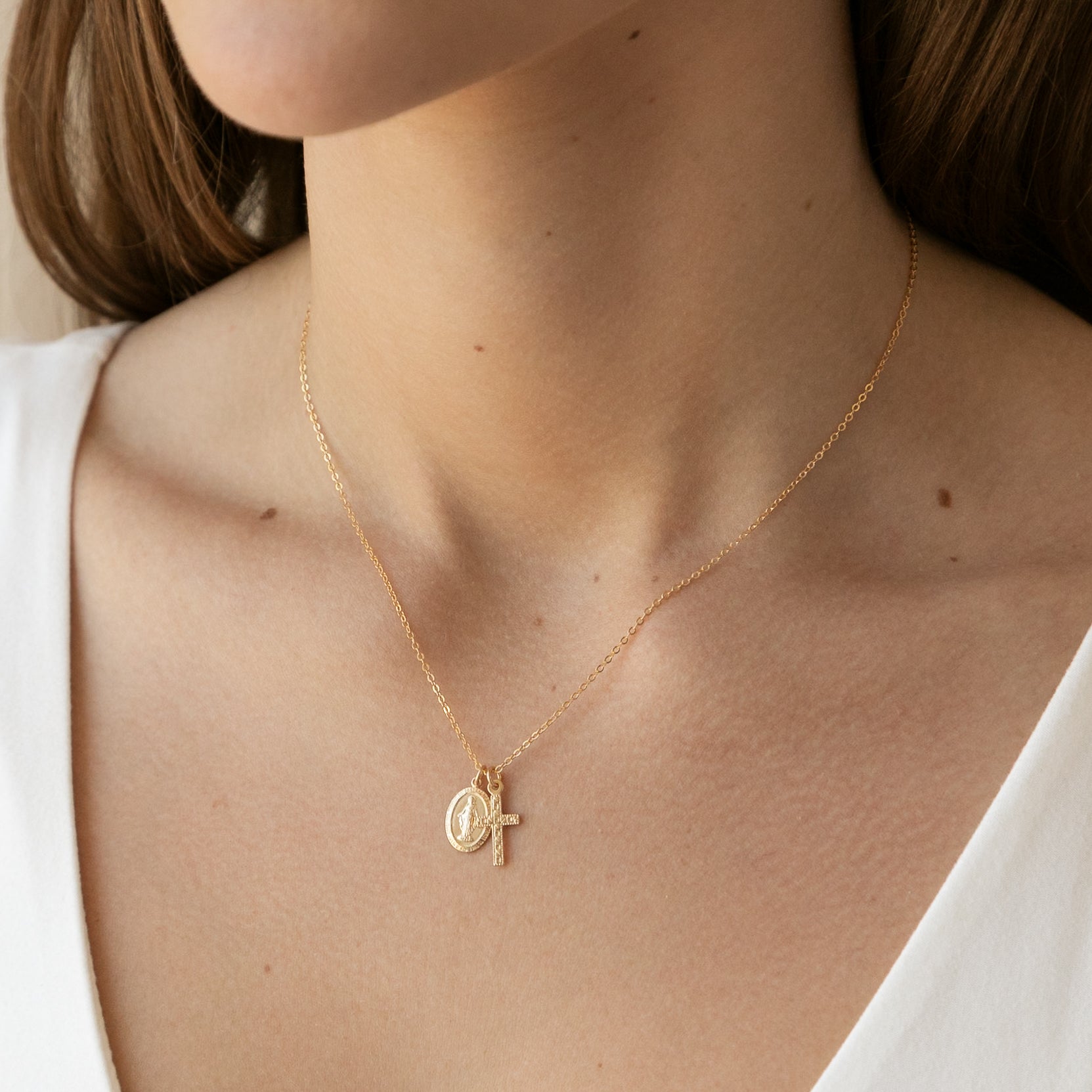 Tiny Virgin Mary & Cross Necklace