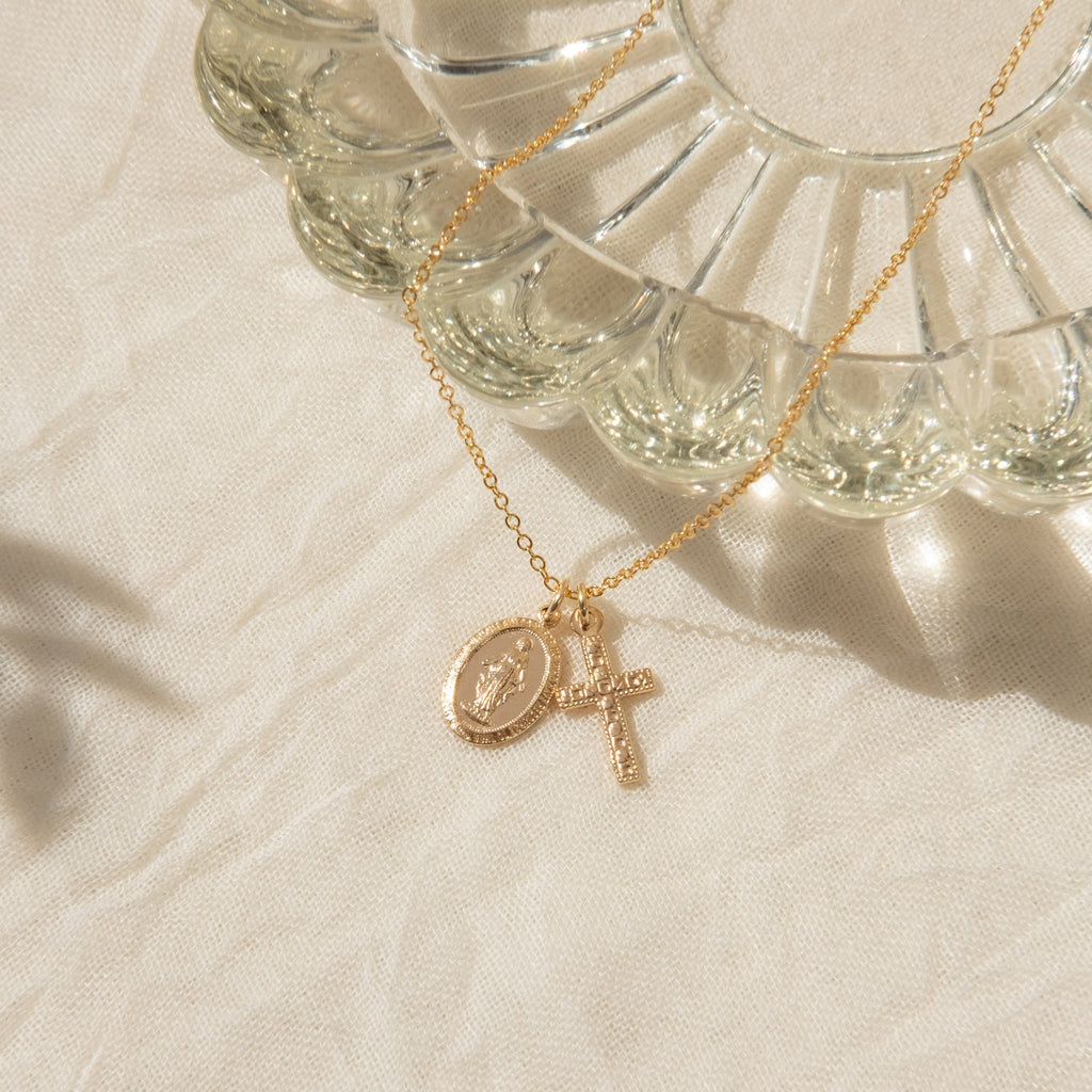 Tiny Virgin Mary & Cross Necklace