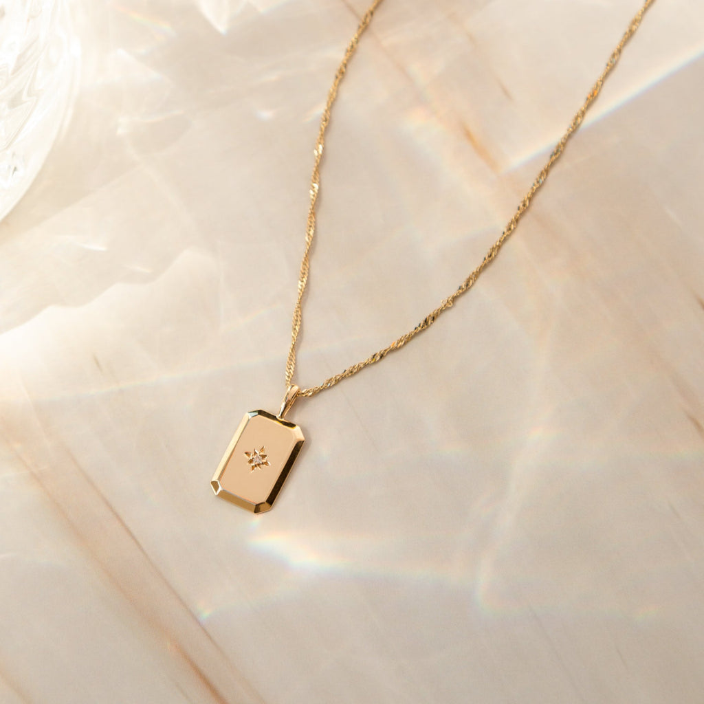 Rectangle Starburst Necklace - 14k Solid Gold