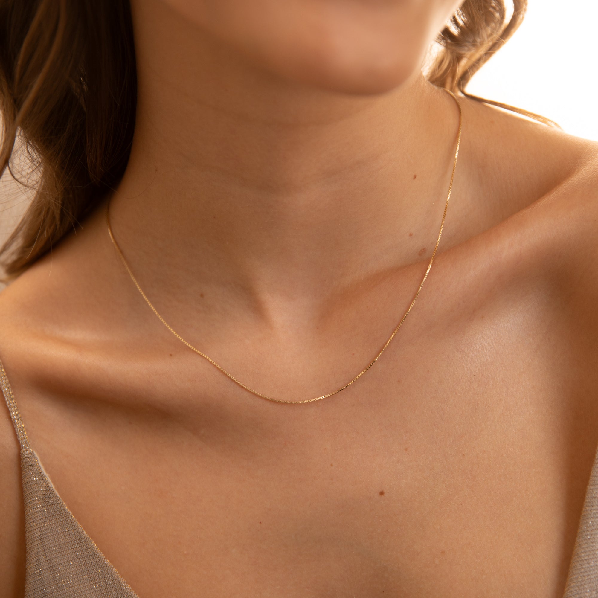 Thin Box Chain Necklace - 14k Solid Gold