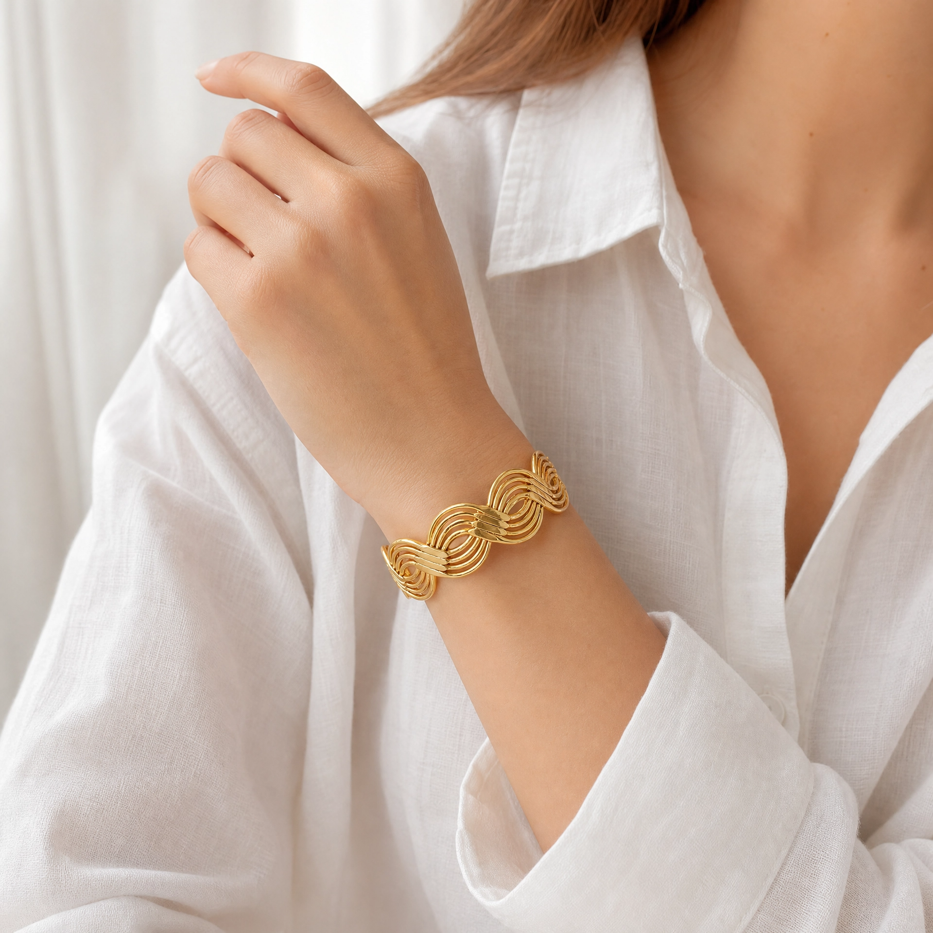 14K Gold Wave Cuff Bracelet — Sculptural Open Bangle Bracelet