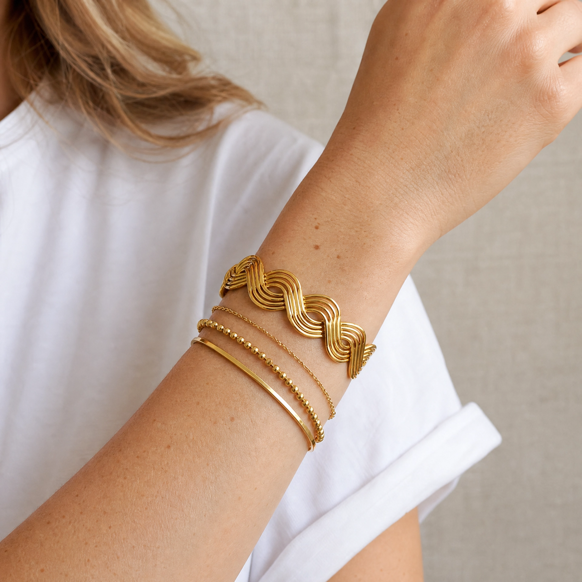 14K Gold Wave Cuff Bracelet — Sculptural Open Bangle Bracelet