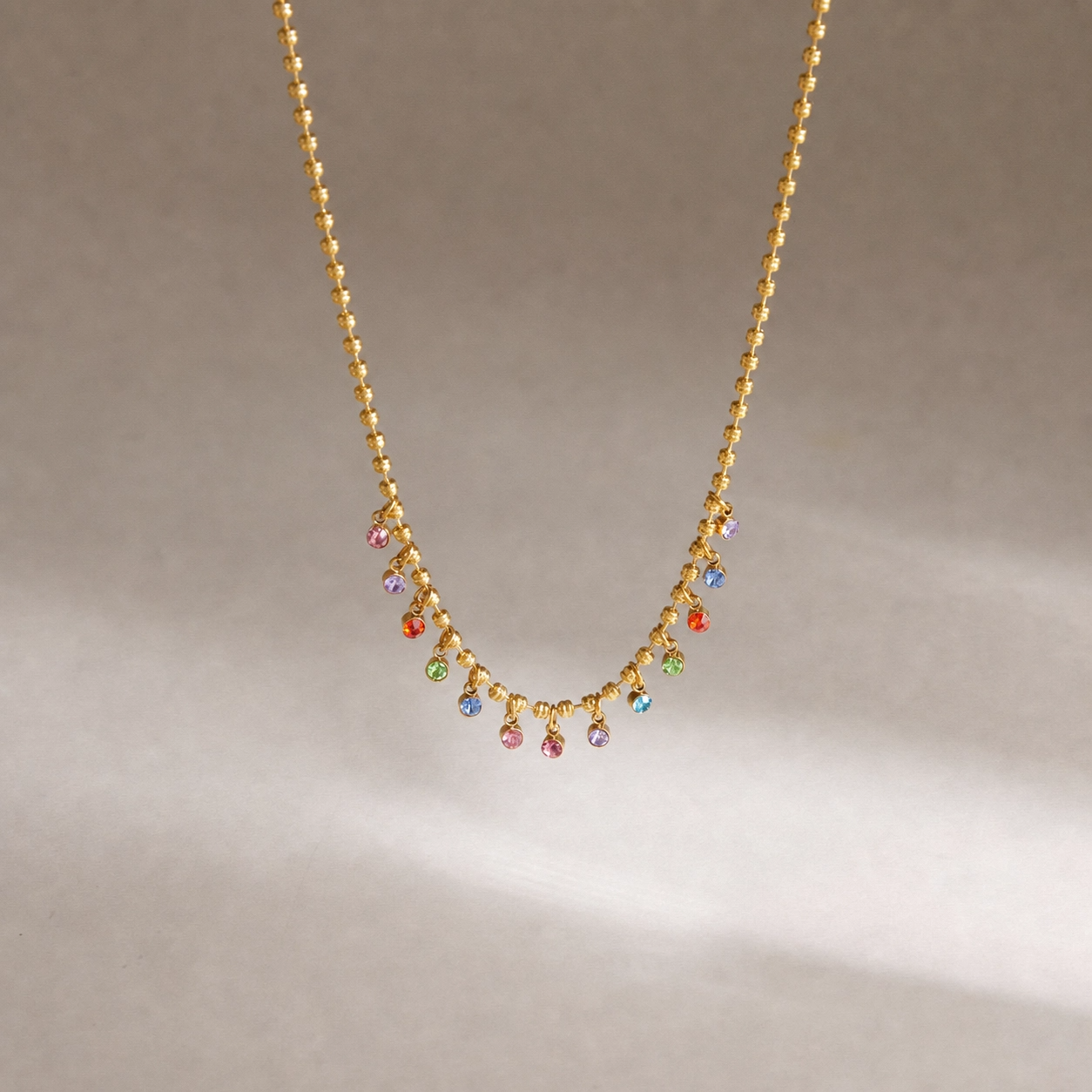 Rainbow Crystal Beaded Necklace in 14K Gold