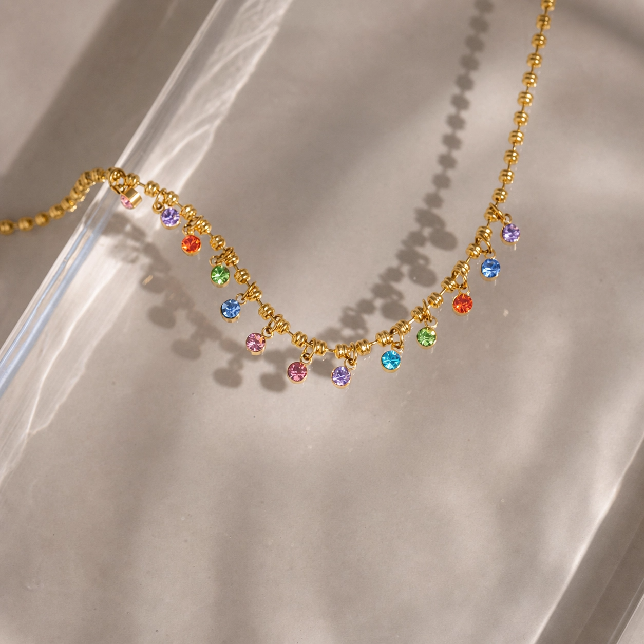Rainbow Crystal Beaded Necklace in 14K Gold