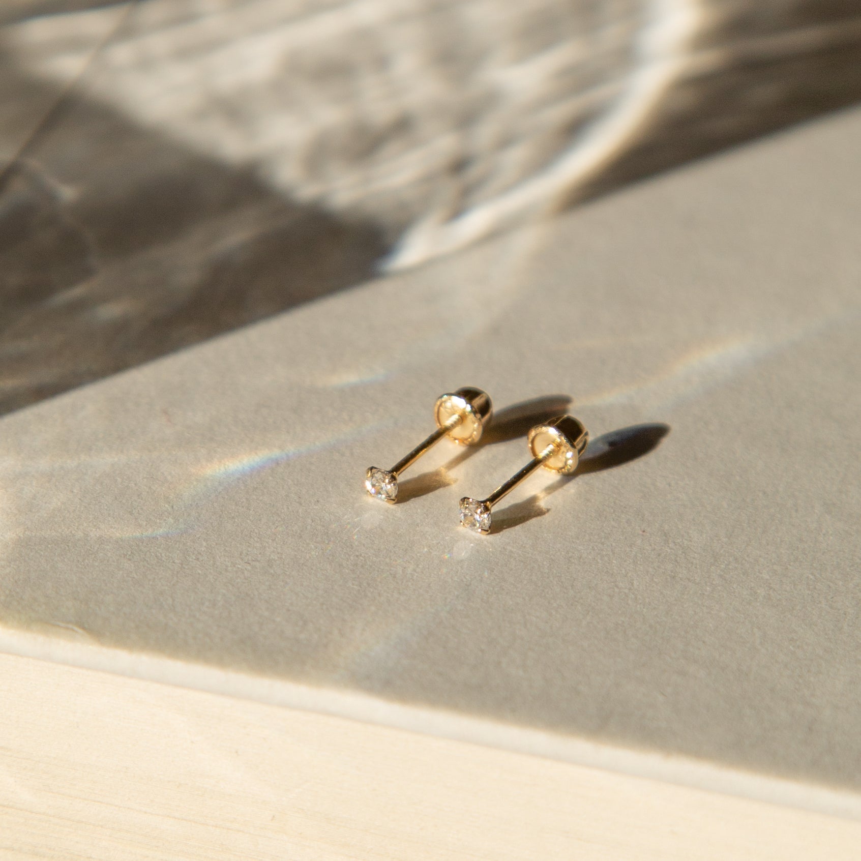 Tiny CZ Screwback Stud Earrings - 14k Solid Gold