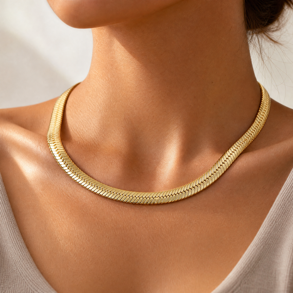 14K Gold Bold 10mm Herringbone Snake Chain Necklace