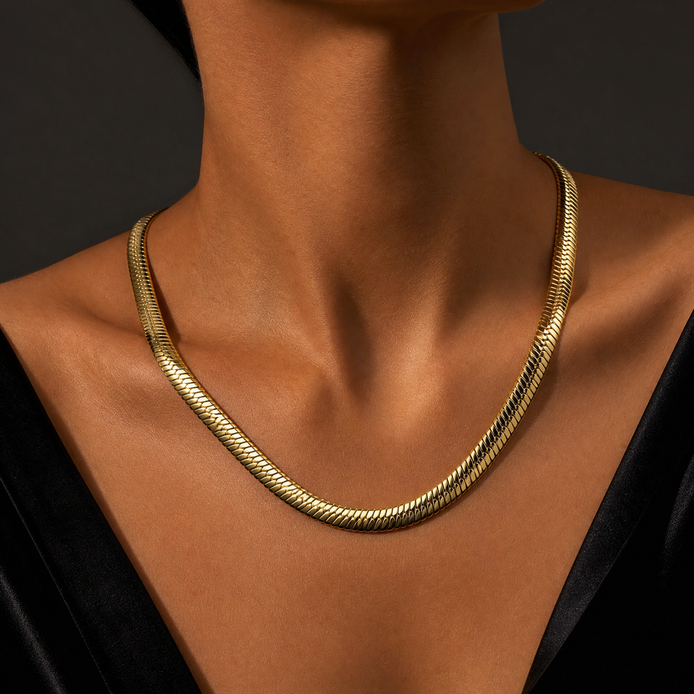 14K Gold Bold 10mm Herringbone Snake Chain Necklace